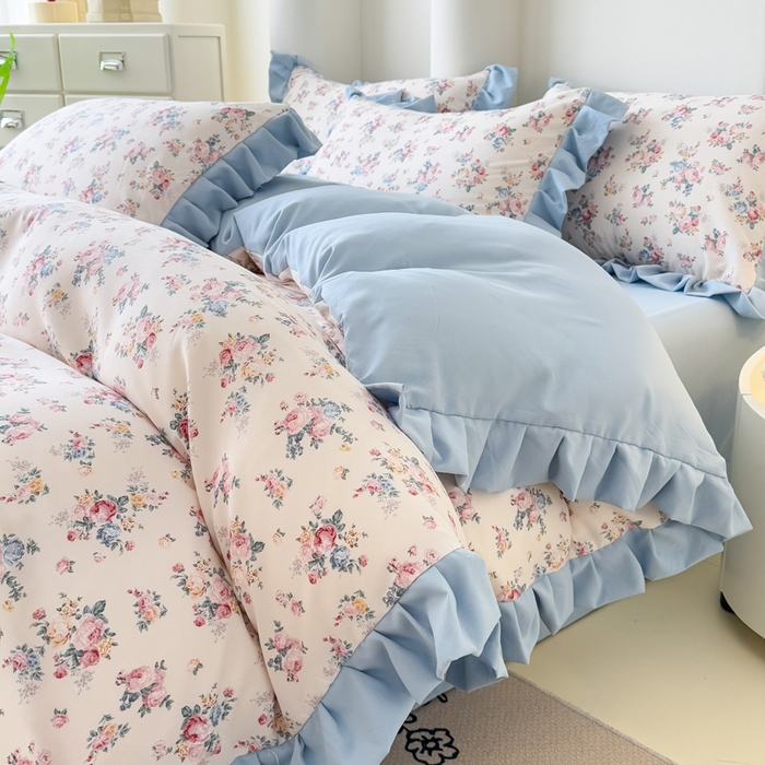 91家纺网 家纺一手货源 找家纺 晚爱家纺（原晚安家居） 2026韩版花边四件套 有氧针织双层纱天竺棉超柔小清新四件套 沐兰花开