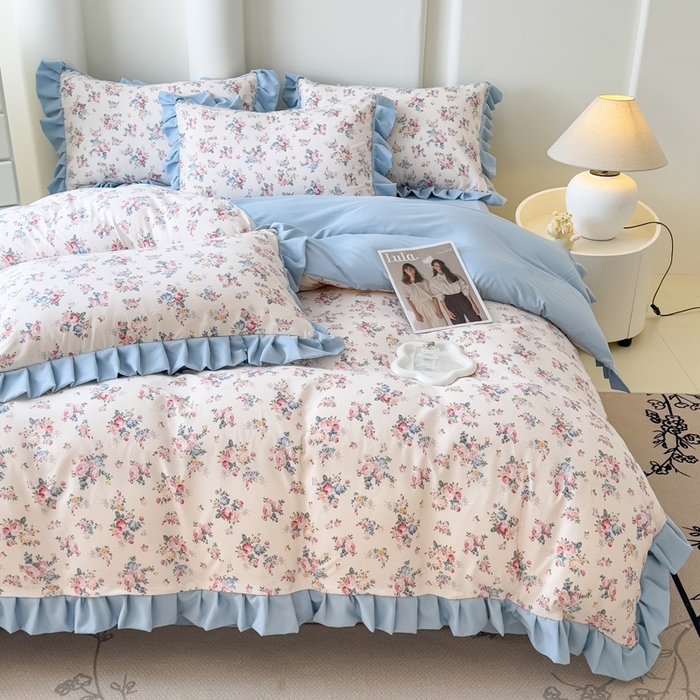 91家纺网 家纺一手货源 找家纺 晚爱家纺（原晚安家居） 2026韩版花边四件套 有氧针织双层纱天竺棉超柔小清新四件套 沐兰花开