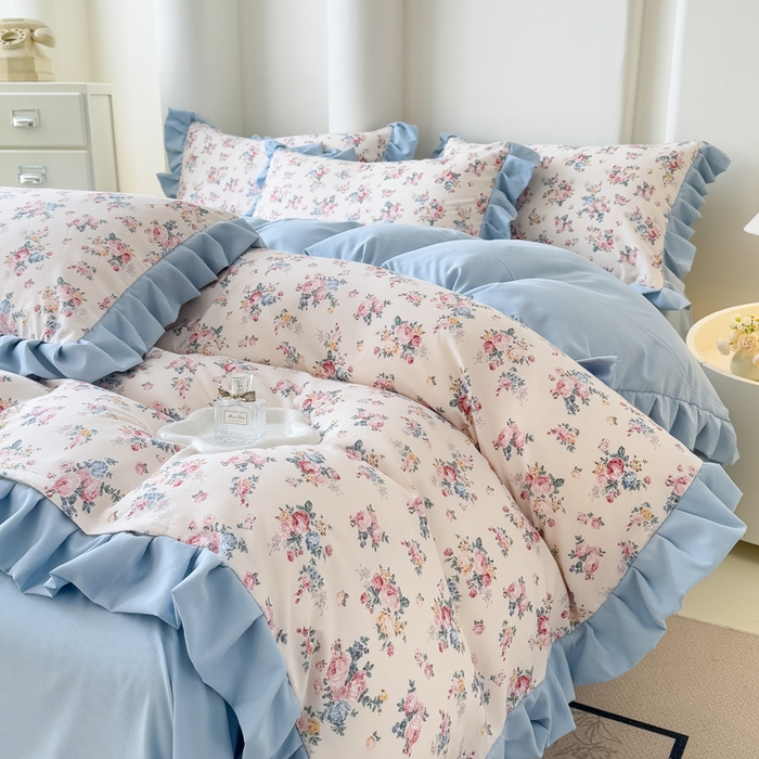 91家纺网 家纺一手货源 找家纺 晚爱家纺（原晚安家居） 2026韩版花边四件套 有氧针织双层纱天竺棉超柔小清新四件套 沐兰花开