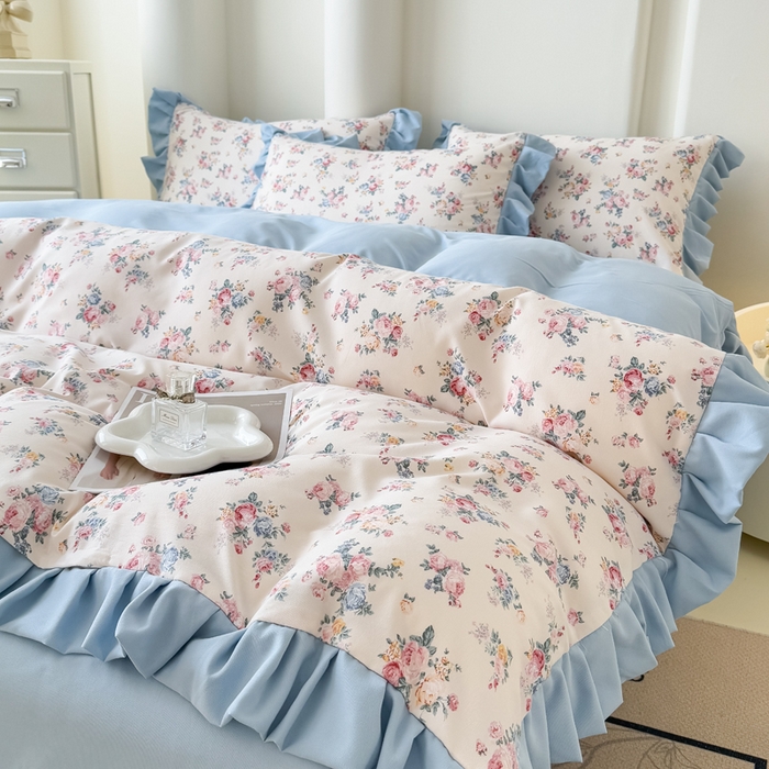 91家纺网 家纺一手货源 找家纺 晚爱家纺（原晚安家居） 2026韩版花边四件套 有氧针织双层纱天竺棉超柔小清新四件套 沐兰花开