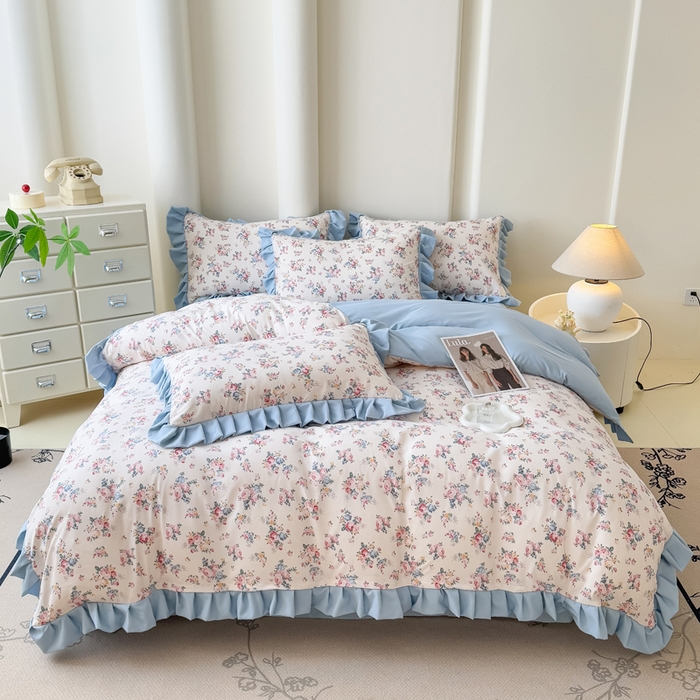 91家纺网 家纺一手货源 找家纺 晚爱家纺（原晚安家居） 2026韩版花边四件套 有氧针织双层纱天竺棉超柔小清新四件套 沐兰花开