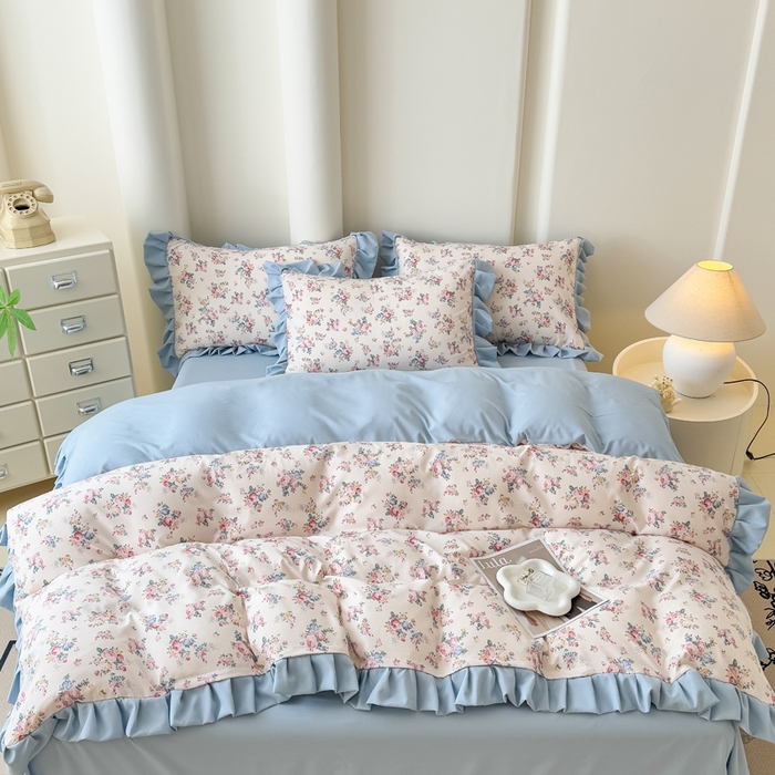 91家纺网 家纺一手货源 找家纺 晚爱家纺（原晚安家居） 2026韩版花边四件套 有氧针织双层纱天竺棉超柔小清新四件套 沐兰花开