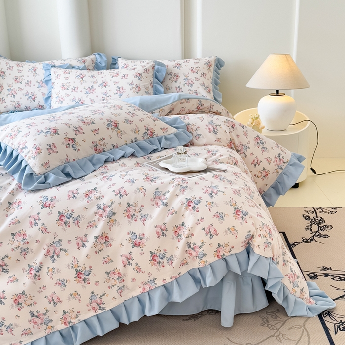 91家纺网 家纺一手货源 找家纺 晚爱家纺（原晚安家居） 2026韩版花边四件套 有氧针织双层纱天竺棉超柔小清新四件套 沐兰花开