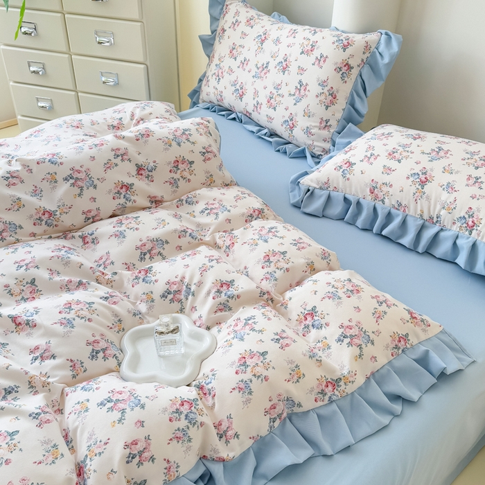 91家纺网 家纺一手货源 找家纺 晚爱家纺（原晚安家居） 2026韩版花边四件套 有氧针织双层纱天竺棉超柔小清新四件套 沐兰花开