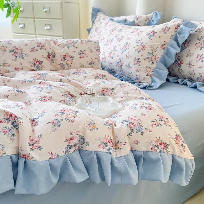 91家纺网 家纺一手货源 找家纺 晚爱家纺（原晚安家居） 2026韩版花边四件套 有氧针织双层纱天竺棉超柔小清新四件套 沐兰花开