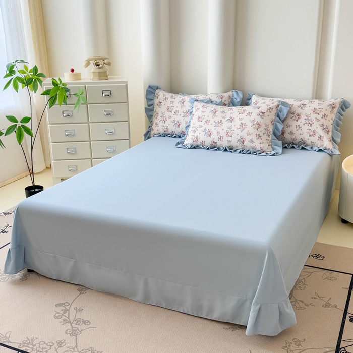 91家纺网 家纺一手货源 找家纺 晚爱家纺（原晚安家居） 2026韩版花边四件套 有氧针织双层纱天竺棉超柔小清新四件套 沐兰花开