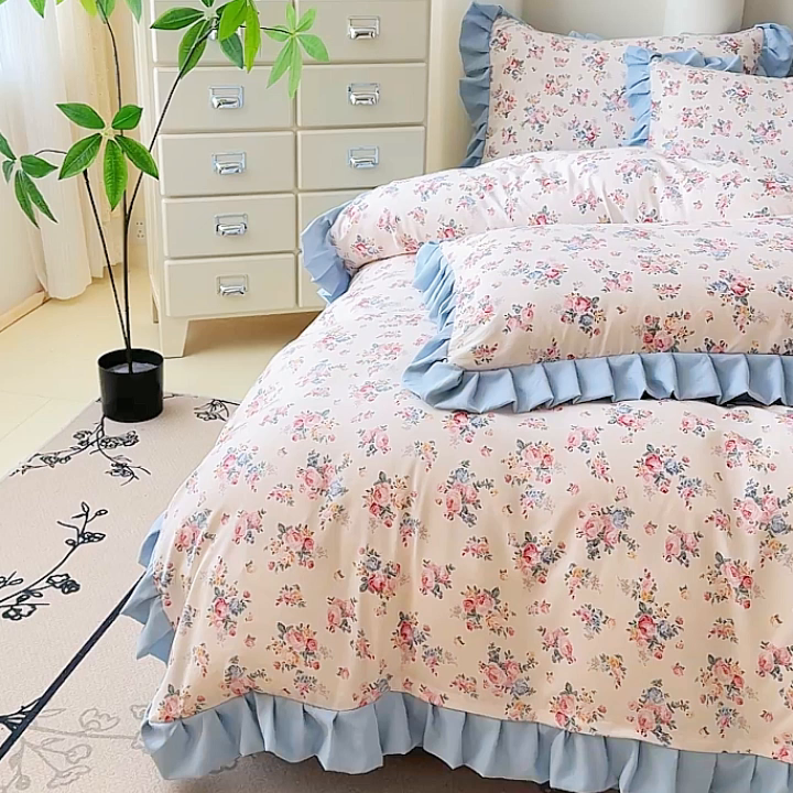 91家纺网 家纺一手货源 找家纺 晚爱家纺（原晚安家居） 2026韩版花边四件套 有氧针织双层纱天竺棉超柔小清新四件套 沐兰花开