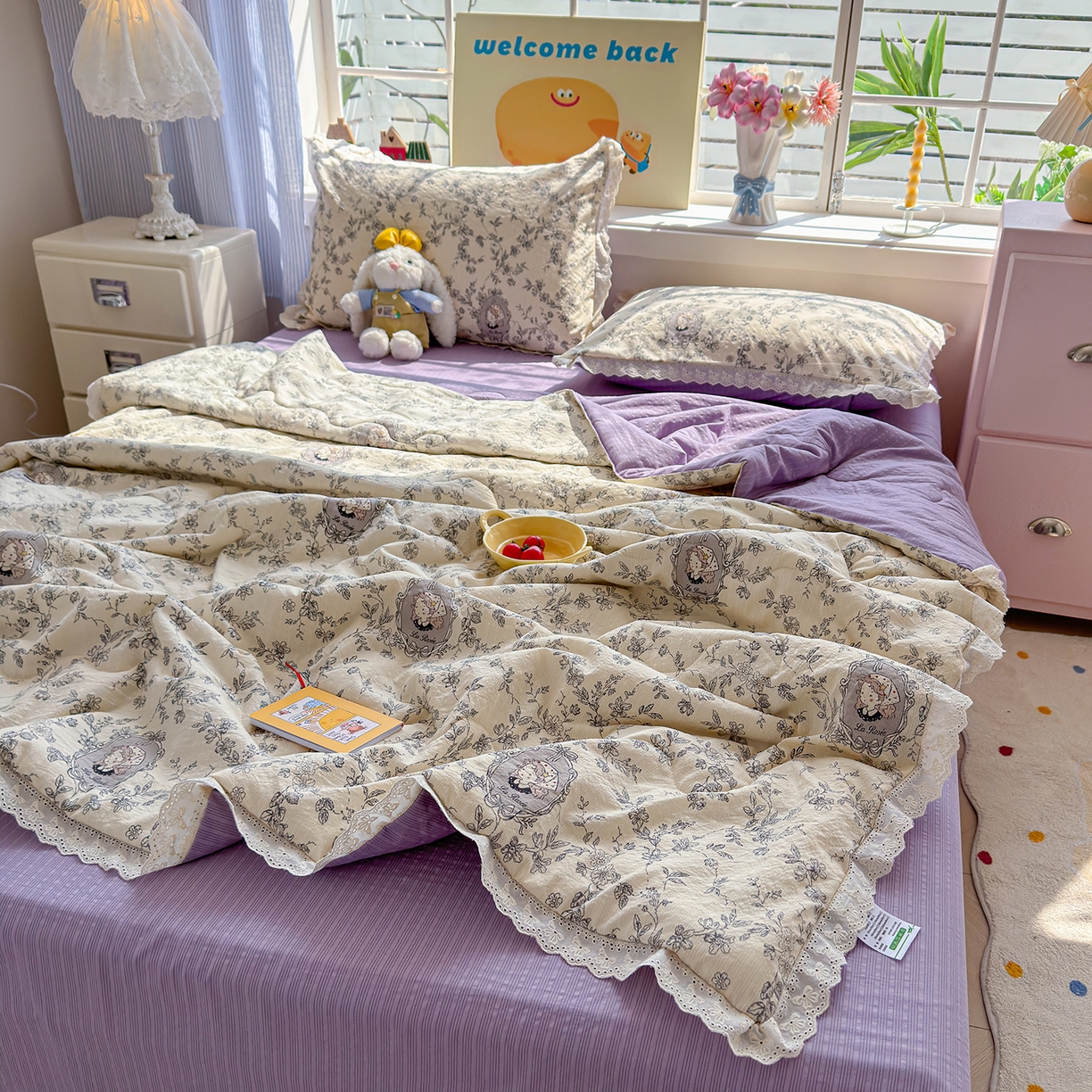 91家纺网 家纺一手货源 找家纺 弗苓家纺 2026新款高克重泡芙棉花边款夏被夏凉被空调被四件套小红书推荐-风格二 花筐少女