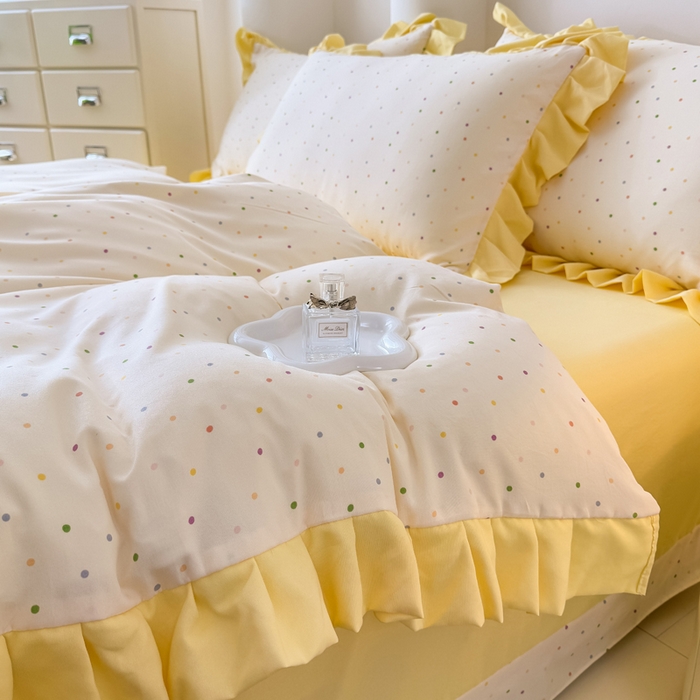 91家纺网 家纺一手货源 找家纺 晚爱家纺（原晚安家居） 2026韩版花边四件套 有氧针织双层纱天竺棉超柔小清新四件套 奶油波点