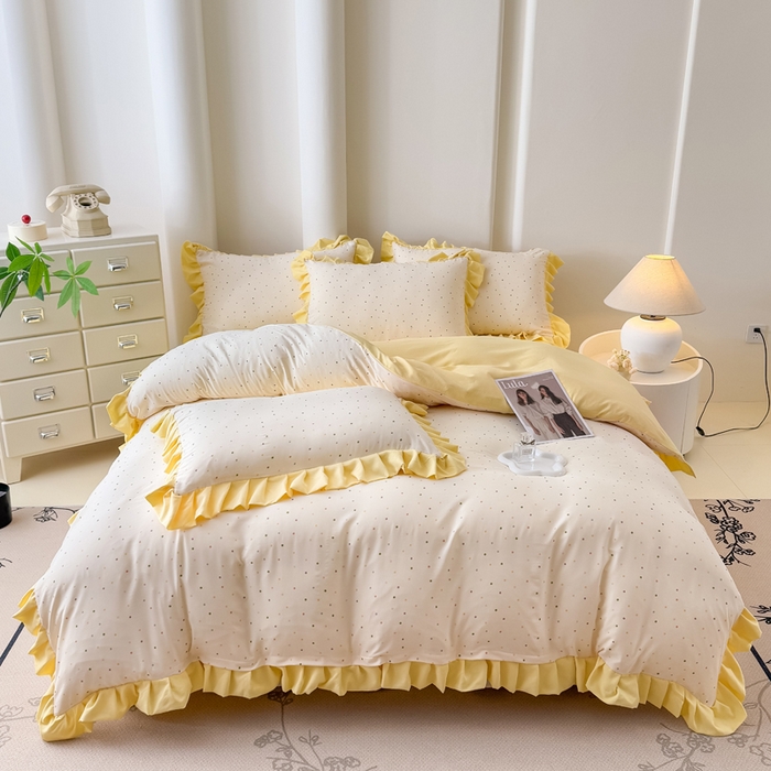 91家纺网 家纺一手货源 找家纺 晚爱家纺（原晚安家居） 2026韩版花边四件套 有氧针织双层纱天竺棉超柔小清新四件套 奶油波点