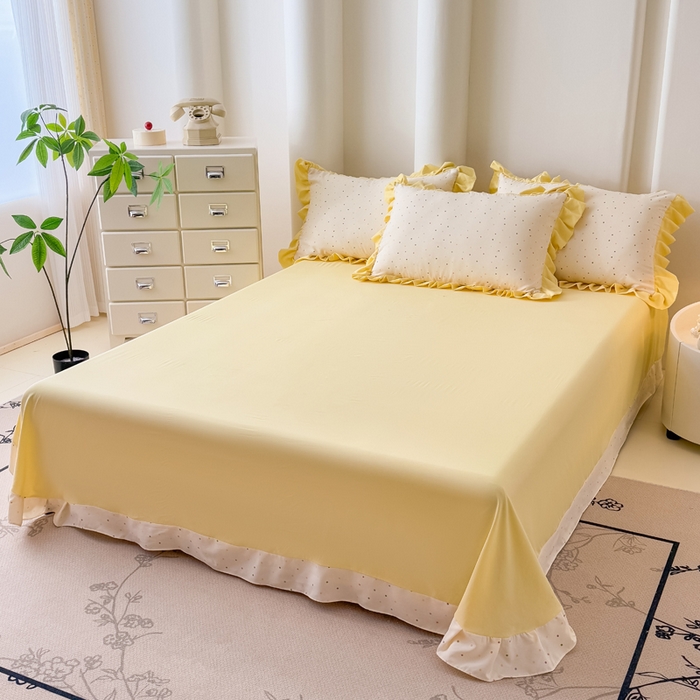 91家纺网 家纺一手货源 找家纺 晚爱家纺（原晚安家居） 2026韩版花边四件套 有氧针织双层纱天竺棉超柔小清新四件套 奶油波点