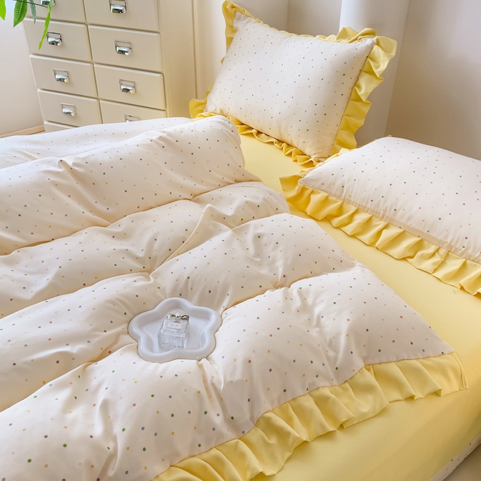 91家纺网 家纺一手货源 找家纺 晚爱家纺（原晚安家居） 2026韩版花边四件套 有氧针织双层纱天竺棉超柔小清新四件套 奶油波点