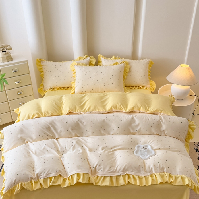 91家纺网 家纺一手货源 找家纺 晚爱家纺（原晚安家居） 2026韩版花边四件套 有氧针织双层纱天竺棉超柔小清新四件套 奶油波点