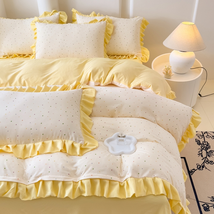 91家纺网 家纺一手货源 找家纺 晚爱家纺（原晚安家居） 2026韩版花边四件套 有氧针织双层纱天竺棉超柔小清新四件套 奶油波点