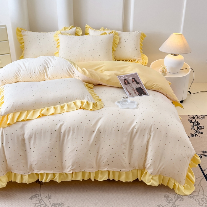 91家纺网 家纺一手货源 找家纺 晚爱家纺（原晚安家居） 2026韩版花边四件套 有氧针织双层纱天竺棉超柔小清新四件套 奶油波点