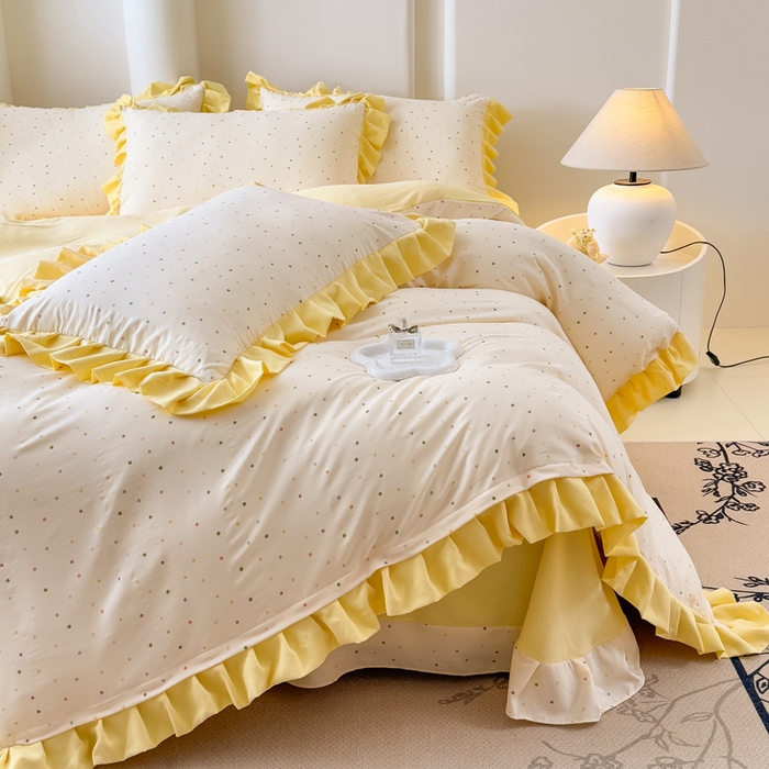 91家纺网 家纺一手货源 找家纺 晚爱家纺（原晚安家居） 2026韩版花边四件套 有氧针织双层纱天竺棉超柔小清新四件套 奶油波点