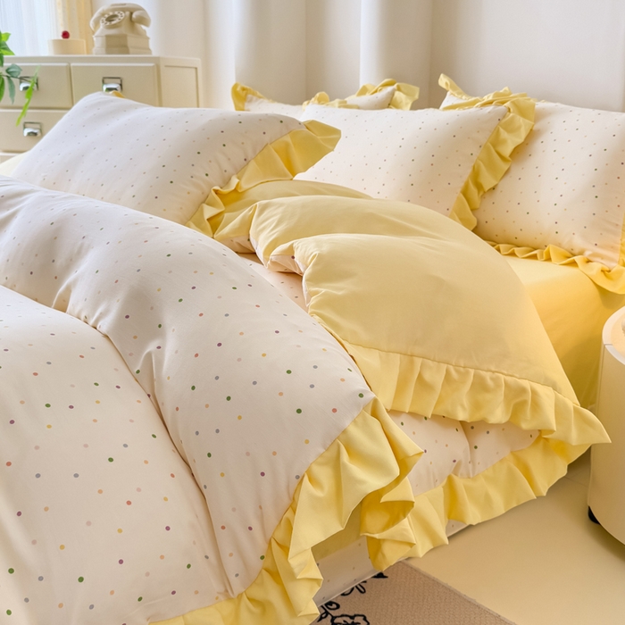 91家纺网 家纺一手货源 找家纺 晚爱家纺（原晚安家居） 2026韩版花边四件套 有氧针织双层纱天竺棉超柔小清新四件套 奶油波点