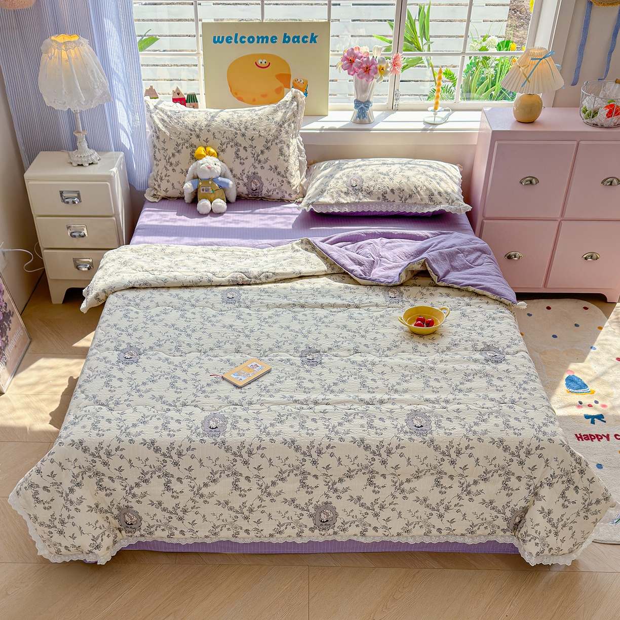 91家纺网 家纺一手货源 找家纺 弗苓家纺 2026新款高克重泡芙棉花边款夏被夏凉被空调被四件套小红书推荐-风格二 花筐少女