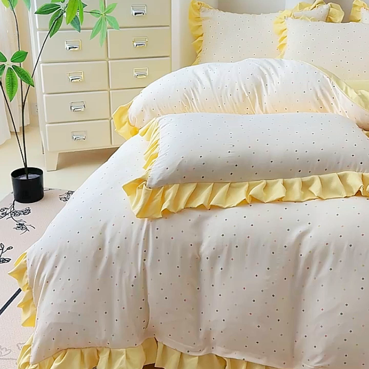 91家纺网 家纺一手货源 找家纺 晚爱家纺（原晚安家居） 2026韩版花边四件套 有氧针织双层纱天竺棉超柔小清新四件套 奶油波点