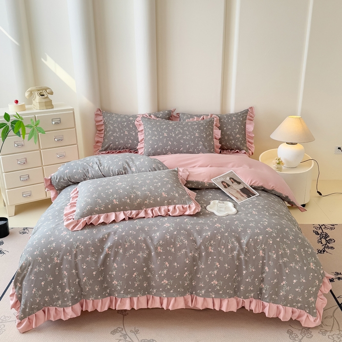 91家纺网 家纺一手货源 找家纺 晚爱家纺（原晚安家居） 2026韩版花边四件套 有氧针织双层纱天竺棉超柔小清新四件套 妮可