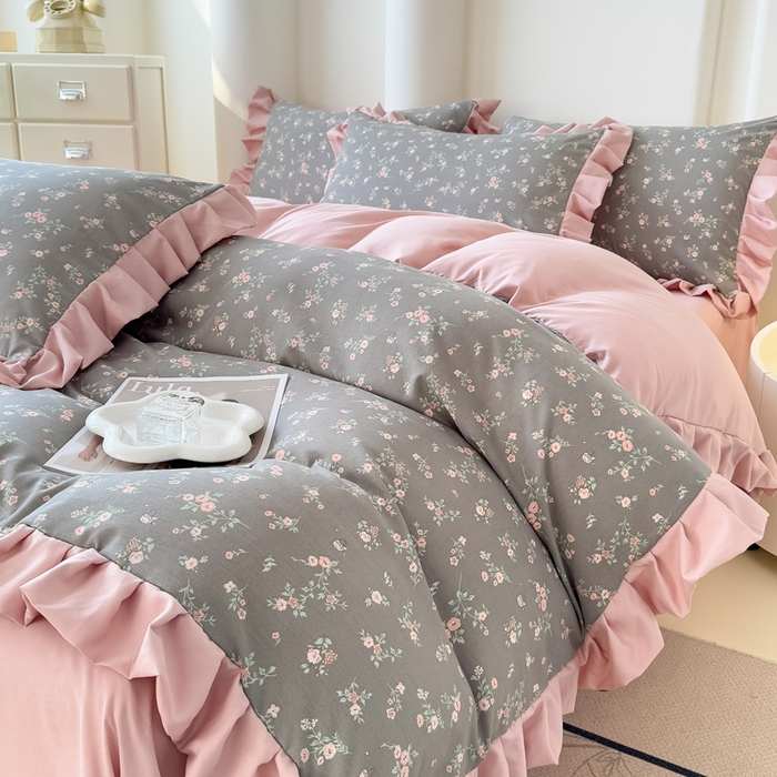 91家纺网 家纺一手货源 找家纺 晚爱家纺（原晚安家居） 2026韩版花边四件套 有氧针织双层纱天竺棉超柔小清新四件套 妮可