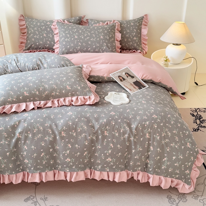 91家纺网 家纺一手货源 找家纺 晚爱家纺（原晚安家居） 2026韩版花边四件套 有氧针织双层纱天竺棉超柔小清新四件套 妮可