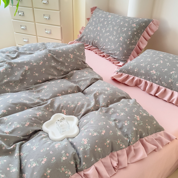 91家纺网 家纺一手货源 找家纺 晚爱家纺（原晚安家居） 2026韩版花边四件套 有氧针织双层纱天竺棉超柔小清新四件套 妮可