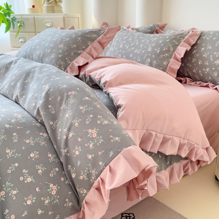 91家纺网 家纺一手货源 找家纺 晚爱家纺（原晚安家居） 2026韩版花边四件套 有氧针织双层纱天竺棉超柔小清新四件套 妮可