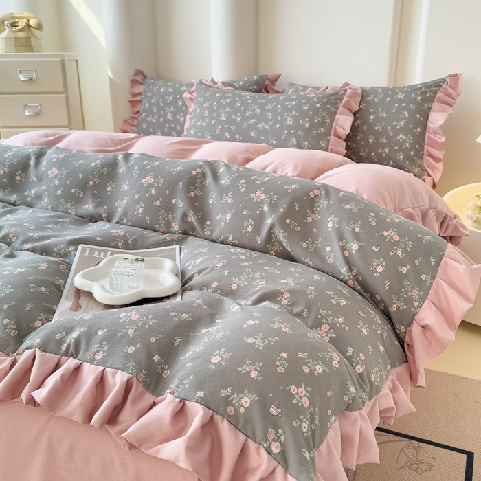 91家纺网 家纺一手货源 找家纺 晚爱家纺（原晚安家居） 2026韩版花边四件套 有氧针织双层纱天竺棉超柔小清新四件套 妮可