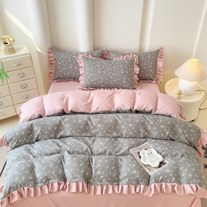 91家纺网 家纺一手货源 找家纺 晚爱家纺（原晚安家居） 2026韩版花边四件套 有氧针织双层纱天竺棉超柔小清新四件套 妮可