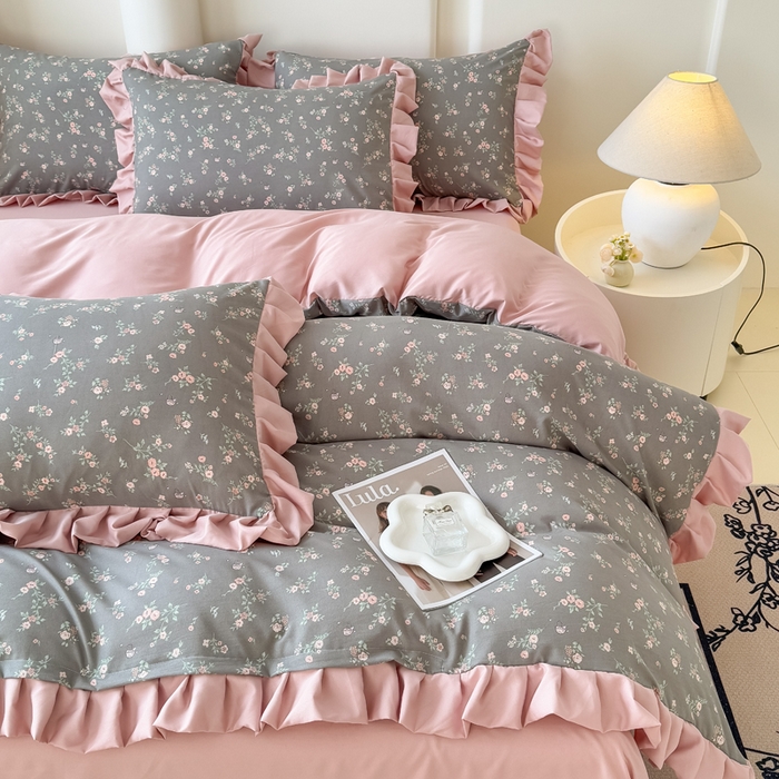 91家纺网 家纺一手货源 找家纺 晚爱家纺（原晚安家居） 2026韩版花边四件套 有氧针织双层纱天竺棉超柔小清新四件套 妮可