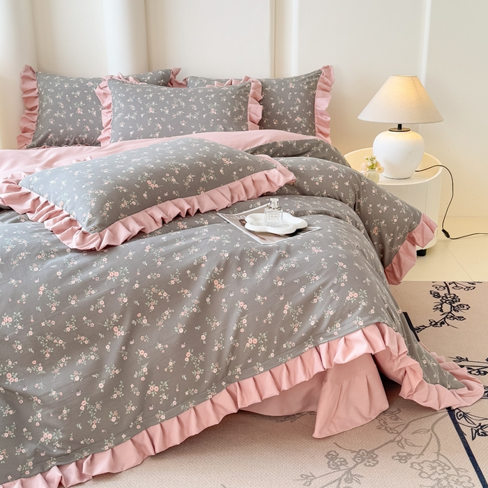 91家纺网 家纺一手货源 找家纺 晚爱家纺（原晚安家居） 2026韩版花边四件套 有氧针织双层纱天竺棉超柔小清新四件套 妮可