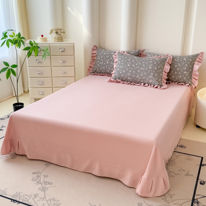 91家纺网 家纺一手货源 找家纺 晚爱家纺（原晚安家居） 2026韩版花边四件套 有氧针织双层纱天竺棉超柔小清新四件套 妮可