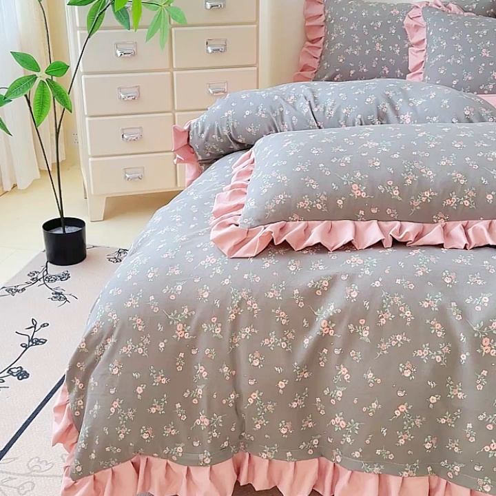 91家纺网 家纺一手货源 找家纺 晚爱家纺（原晚安家居） 2026韩版花边四件套 有氧针织双层纱天竺棉超柔小清新四件套 妮可