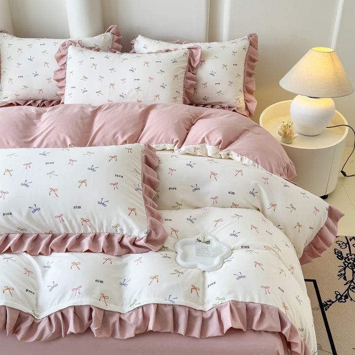 91家纺网 家纺一手货源 找家纺 晚爱家纺（原晚安家居） 2026韩版花边四件套 有氧针织双层纱天竺棉超柔小清新四件套 五彩斑斓