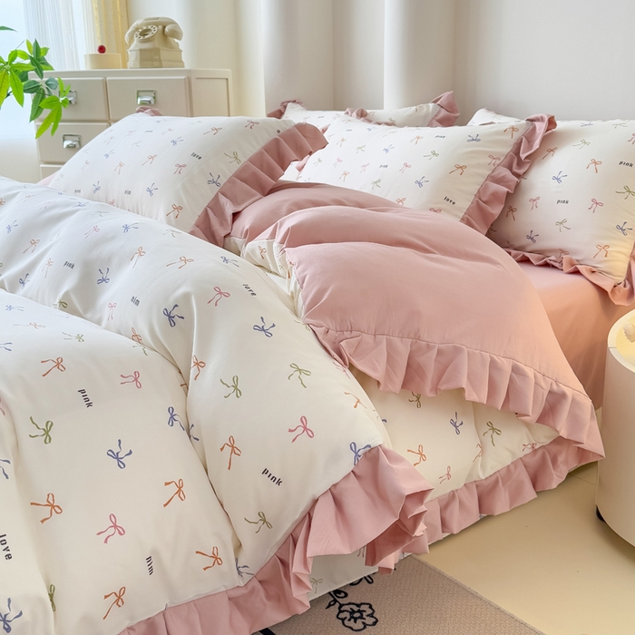 91家纺网 家纺一手货源 找家纺 晚爱家纺（原晚安家居） 2026韩版花边四件套 有氧针织双层纱天竺棉超柔小清新四件套 五彩斑斓