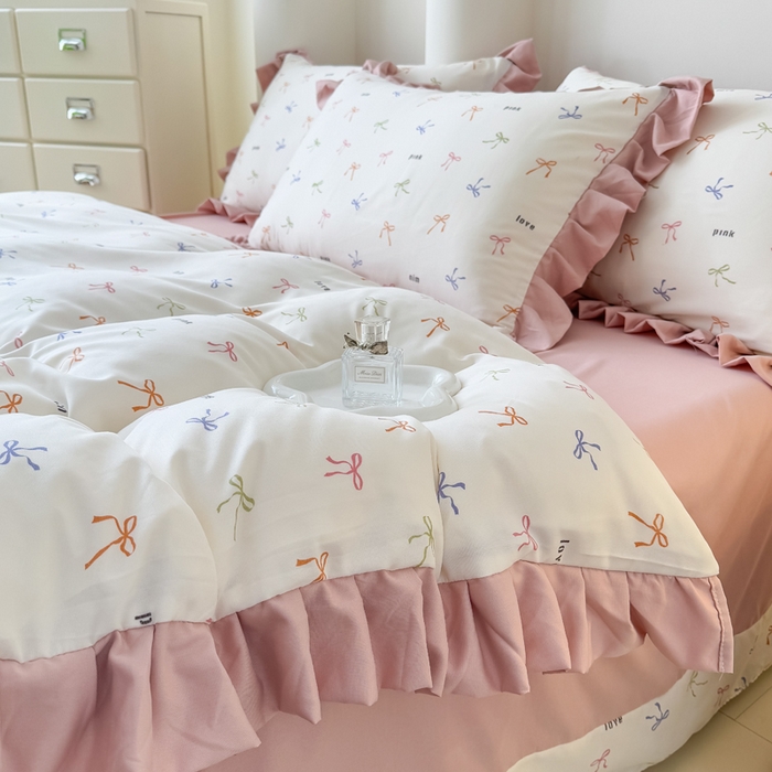 91家纺网 家纺一手货源 找家纺 晚爱家纺（原晚安家居） 2026韩版花边四件套 有氧针织双层纱天竺棉超柔小清新四件套 五彩斑斓