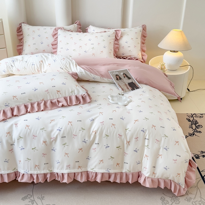 91家纺网 家纺一手货源 找家纺 晚爱家纺（原晚安家居） 2026韩版花边四件套 有氧针织双层纱天竺棉超柔小清新四件套 五彩斑斓