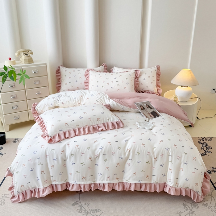 91家纺网 家纺一手货源 找家纺 晚爱家纺（原晚安家居） 2026韩版花边四件套 有氧针织双层纱天竺棉超柔小清新四件套 五彩斑斓