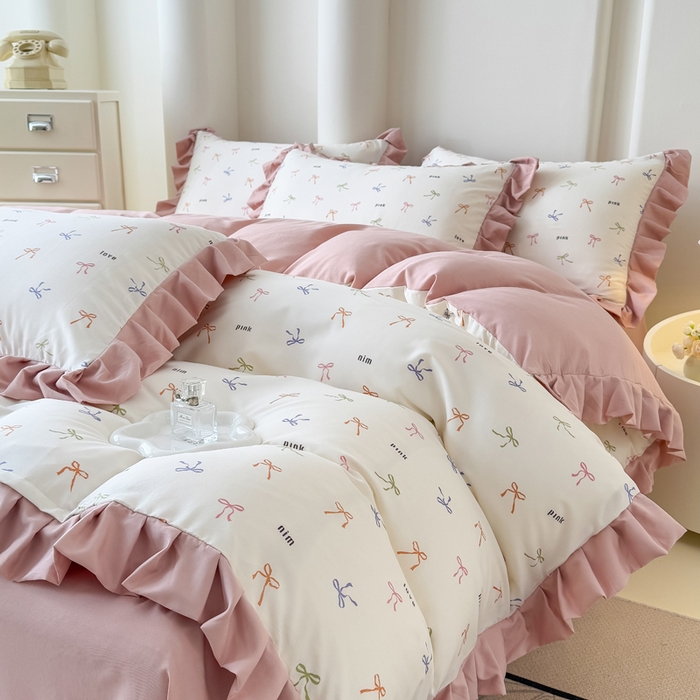 91家纺网 家纺一手货源 找家纺 晚爱家纺（原晚安家居） 2026韩版花边四件套 有氧针织双层纱天竺棉超柔小清新四件套 五彩斑斓