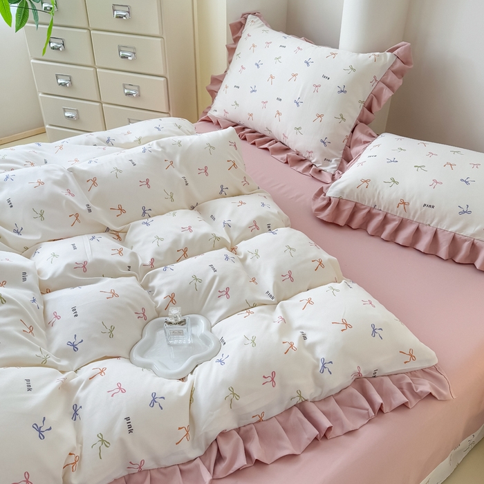 91家纺网 家纺一手货源 找家纺 晚爱家纺（原晚安家居） 2026韩版花边四件套 有氧针织双层纱天竺棉超柔小清新四件套 五彩斑斓