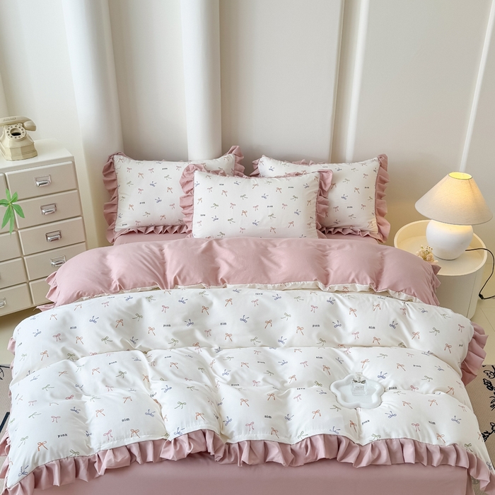 91家纺网 家纺一手货源 找家纺 晚爱家纺（原晚安家居） 2026韩版花边四件套 有氧针织双层纱天竺棉超柔小清新四件套 五彩斑斓