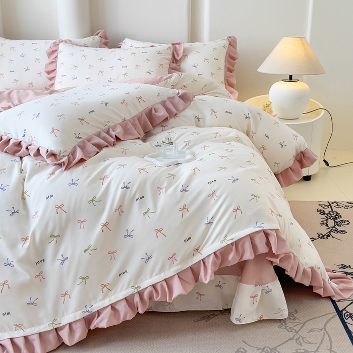 91家纺网 家纺一手货源 找家纺 晚爱家纺（原晚安家居） 2026韩版花边四件套 有氧针织双层纱天竺棉超柔小清新四件套 五彩斑斓