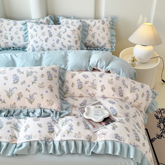 91家纺网 家纺一手货源 找家纺 晚爱家纺（原晚安家居） 2026韩版花边四件套 有氧针织双层纱天竺棉超柔小清新四件套 闲趣