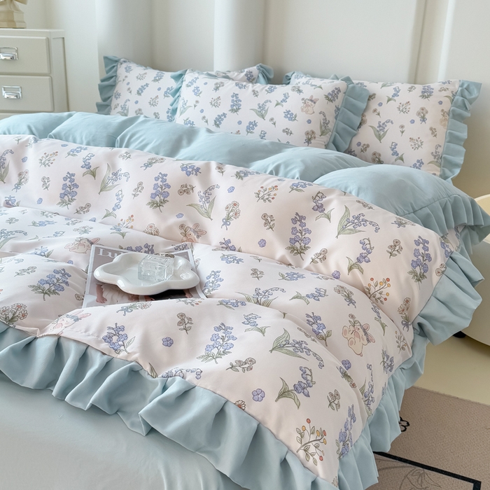 91家纺网 家纺一手货源 找家纺 晚爱家纺（原晚安家居） 2026韩版花边四件套 有氧针织双层纱天竺棉超柔小清新四件套 闲趣