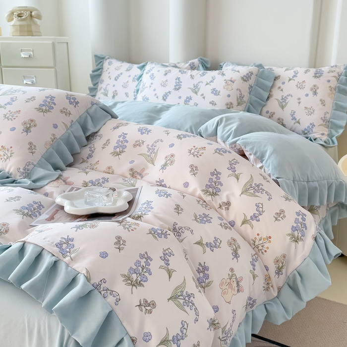 91家纺网 家纺一手货源 找家纺 晚爱家纺（原晚安家居） 2026韩版花边四件套 有氧针织双层纱天竺棉超柔小清新四件套 闲趣