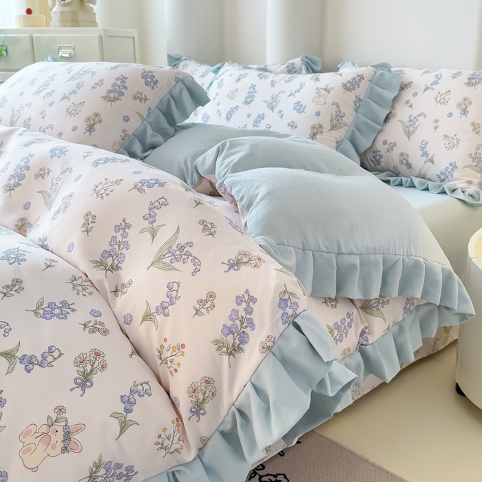 91家纺网 家纺一手货源 找家纺 晚爱家纺（原晚安家居） 2026韩版花边四件套 有氧针织双层纱天竺棉超柔小清新四件套 闲趣