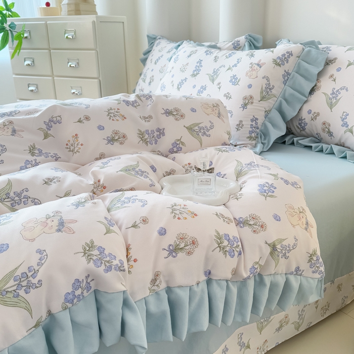 91家纺网 家纺一手货源 找家纺 晚爱家纺（原晚安家居） 2026韩版花边四件套 有氧针织双层纱天竺棉超柔小清新四件套 闲趣