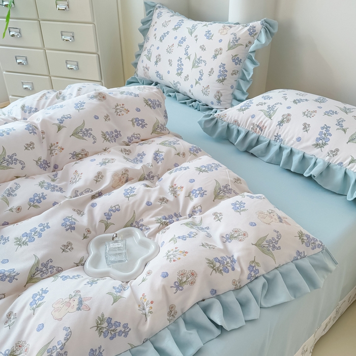 91家纺网 家纺一手货源 找家纺 晚爱家纺（原晚安家居） 2026韩版花边四件套 有氧针织双层纱天竺棉超柔小清新四件套 闲趣