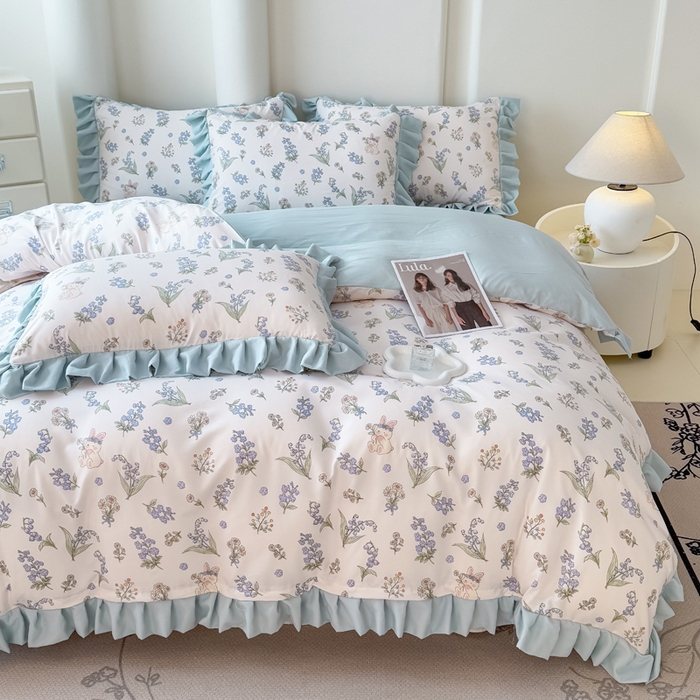 91家纺网 家纺一手货源 找家纺 晚爱家纺（原晚安家居） 2026韩版花边四件套 有氧针织双层纱天竺棉超柔小清新四件套 闲趣